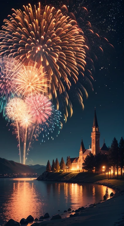 A landscape with only fireworks flashing at night