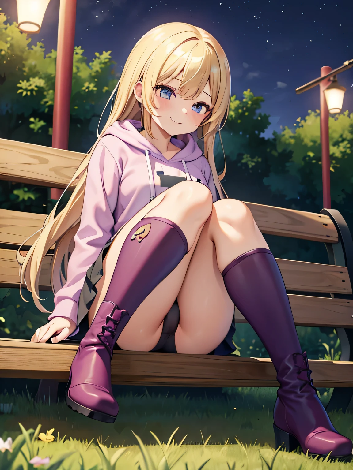 (1) A woman is sitting cross-legged on a bench. The color of the pants you can see is purple..
(2) She's a gal, -faced but with heavy makeup. she has long blonde hair.
(3) The woman is wearing a shocking pink hoodie, Mini skirt and platform long boots.
(4) The woman's expression is a smile.
(5) The location is a park bench at night surrounded by a forest..