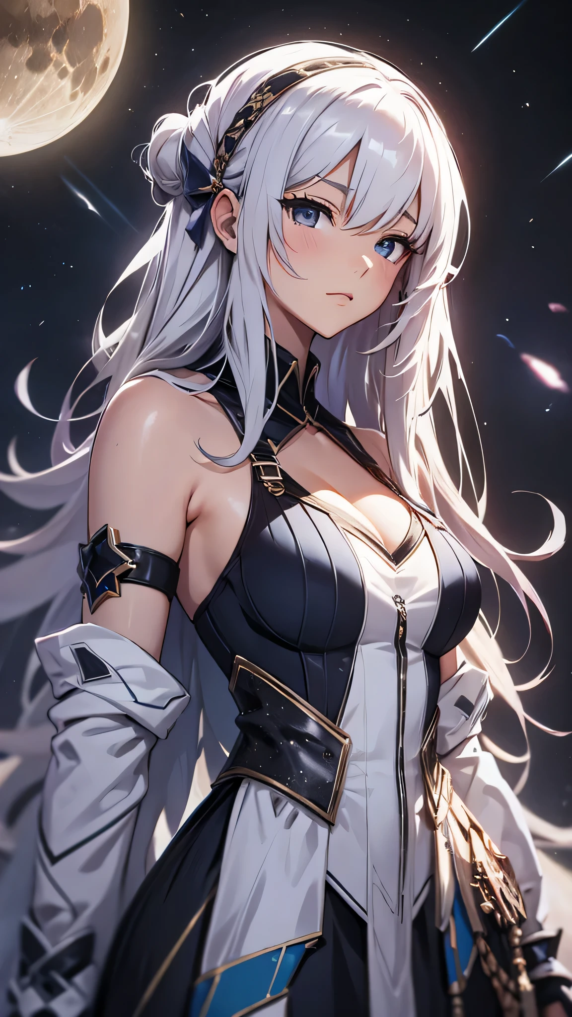 最high quality、best image quality、masterpiece、age girl((18-year-old、 By becoming、vest bust、medium bust,wide open breast tea、black eye, gray hair、long hair、thin,highest valley、Love of the Universe、Cosmic dress)),high quality、beautiful art、background((Lunar surface、Mysterious space))debris flies、Depth of written boundary、movie、visual art、perfect art、8K,genuine