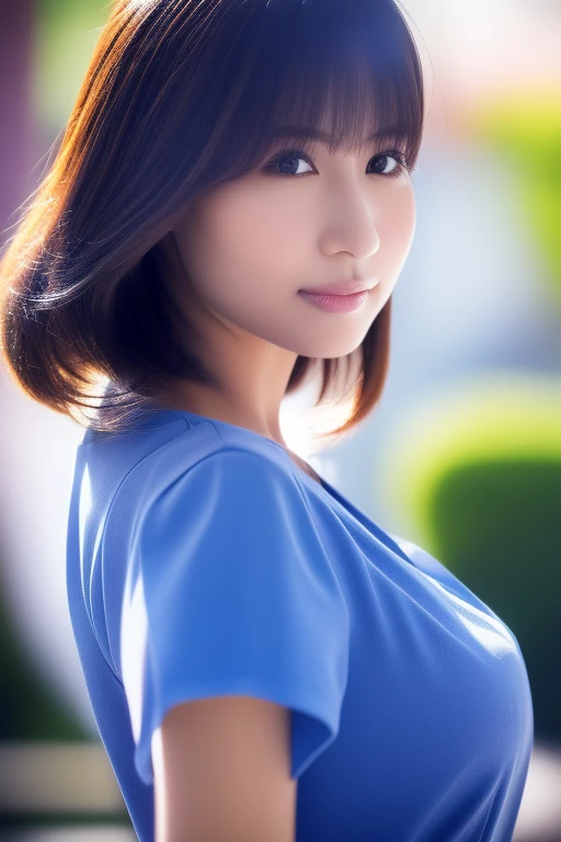 woman,Japanese,blue shirt,No sleeve,realistic details, High resolution,Bokeh,excellent details