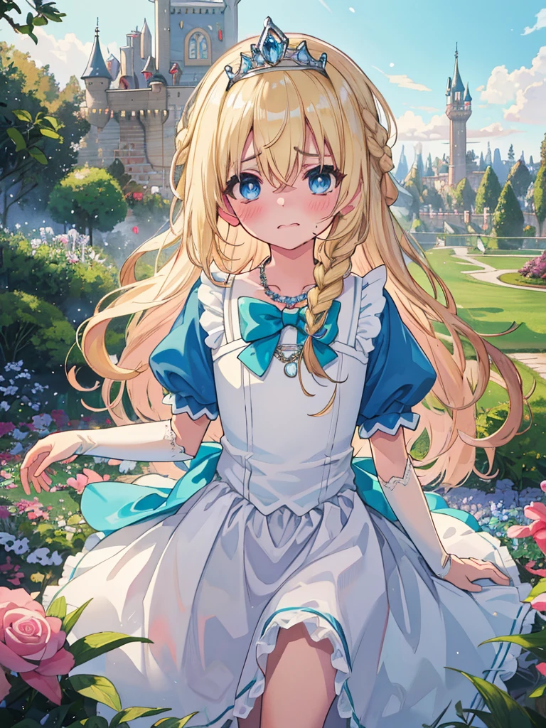 photo realistic, (masterpiece,best quality:1.4),(8k,raw photo,photo realistic:1.2), detailed skin, detailed face,1girl, Princess, cute face, , Not Safe for Work, (raw photo, photo realistic: 1.2), (((upset hairstyle))), blue eyes, (blonde hair), light smile, shiny wavy hair, sidelock, curtsey, (ballgown), Princess doress, shortsleeves, a smile, red blush, Doress, Hair Between Eyes, White Panties Hose, ((Blue the Bow)), Puffy Sleeves, Bangss, (tiara), (necklace), (bridal gauntlets), foot out of frame, frilld, : q, masterpiece, top-quality, not safe for work, 14-yo, braided bangs, yumekawa,yumekawaii,pastel color,(wonderland garden:1.3),rainbow waterfall,dripping ink,imagination,(Castle:1.4),