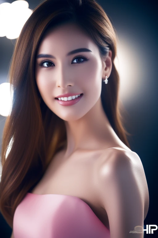 最high quality, masterpiece, High resolution, 1 girl, clear silk porcelain dress, beautiful face, hair accessory, looking at the audience, smile, close your mouth, lips, dress, hair accessory, necklace, jewelry, long hair, earrings, beautiful face, On the body, Tyndall effect, realism, dark studio, edge lighting, two-tone lighting, (high detail skin: 1.2), 8K UHD, Digital single-lens reflex camera, soft light, high quality, volume lighting, photograph, High resolution 4K, 8K, blurred background