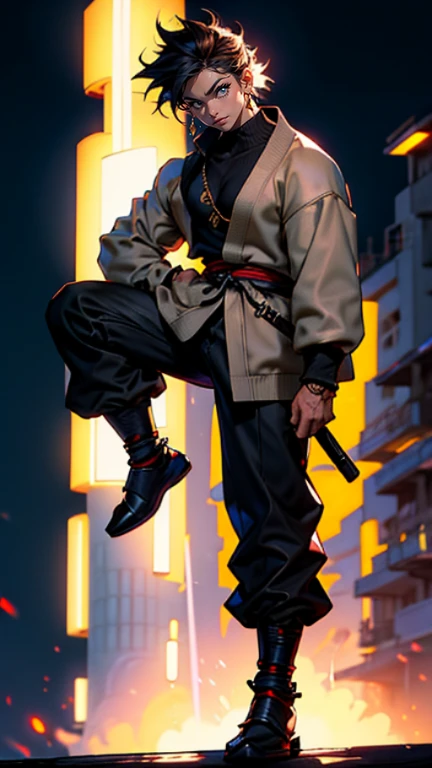 The young Samurai has messy hair, wears a gray sweater that says "HEROES", dark brown leather pants with lots of pockets. Adventurer's shoes, carrying a samurai on his back, hands crossed on his chest, there is a flash of lightning, alert pose, face facing the camera, skyscraper background and shades of black with gold gradations at night. fullbody