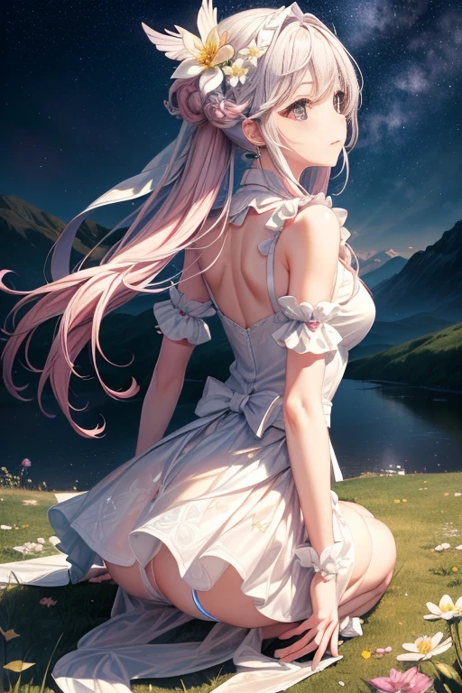 Colorful starrailloating white feathers),Purple,(((((masterpiece))))),(((((high resolution))))),alone,(hair splayed out),((flowing hair)),pink hair,blue_Eye,permanent,Big breasts,((美丽细致的short skirt, flower patterns on clothes,White dress)),bridal gloves,ribbon,hair ribbon,hair flower,veil,beautiful detailed sky,glowing light,Ray tracing,reflected light,depth of field,((((Put your arms behind your back)))),Flowers and meadows,Mountain,(((((role conception))))),(((((Extremely detailed CG unified 8k wallpaper))))),Cross necklace,crown,earrings,bridal veil,sling,starry sky,clusters of stars,starry sky,Twinkling stars,,Poker face,Neat figure,sit on the floor,short skirt