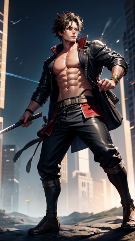 The young Samurai has messy hair, wears a gray sweater that says "HEROES", dark brown leather pants with lots of pockets. Adventurer's shoes, carrying a samurai on his back, hands crossed on his chest, there is a flash of lightning, alert pose, face facing the camera, skyscraper background and shades of black with gold gradations at night. fullbody