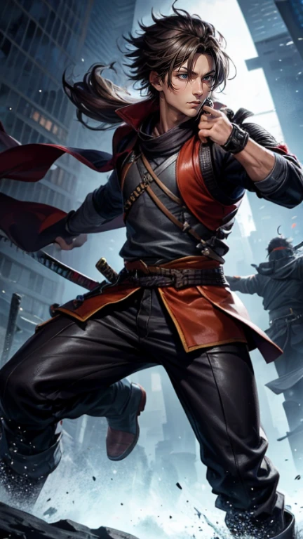 The young Samurai has messy hair, wears a gray sweater that says "HEROES", dark brown leather pants with lots of pockets. Adventurer's shoes, carrying a samurai on his back, hands crossed on his chest, there is a flash of lightning, alert pose, face facing the camera, skyscraper background and shades of black with gold gradations at night. fullbody