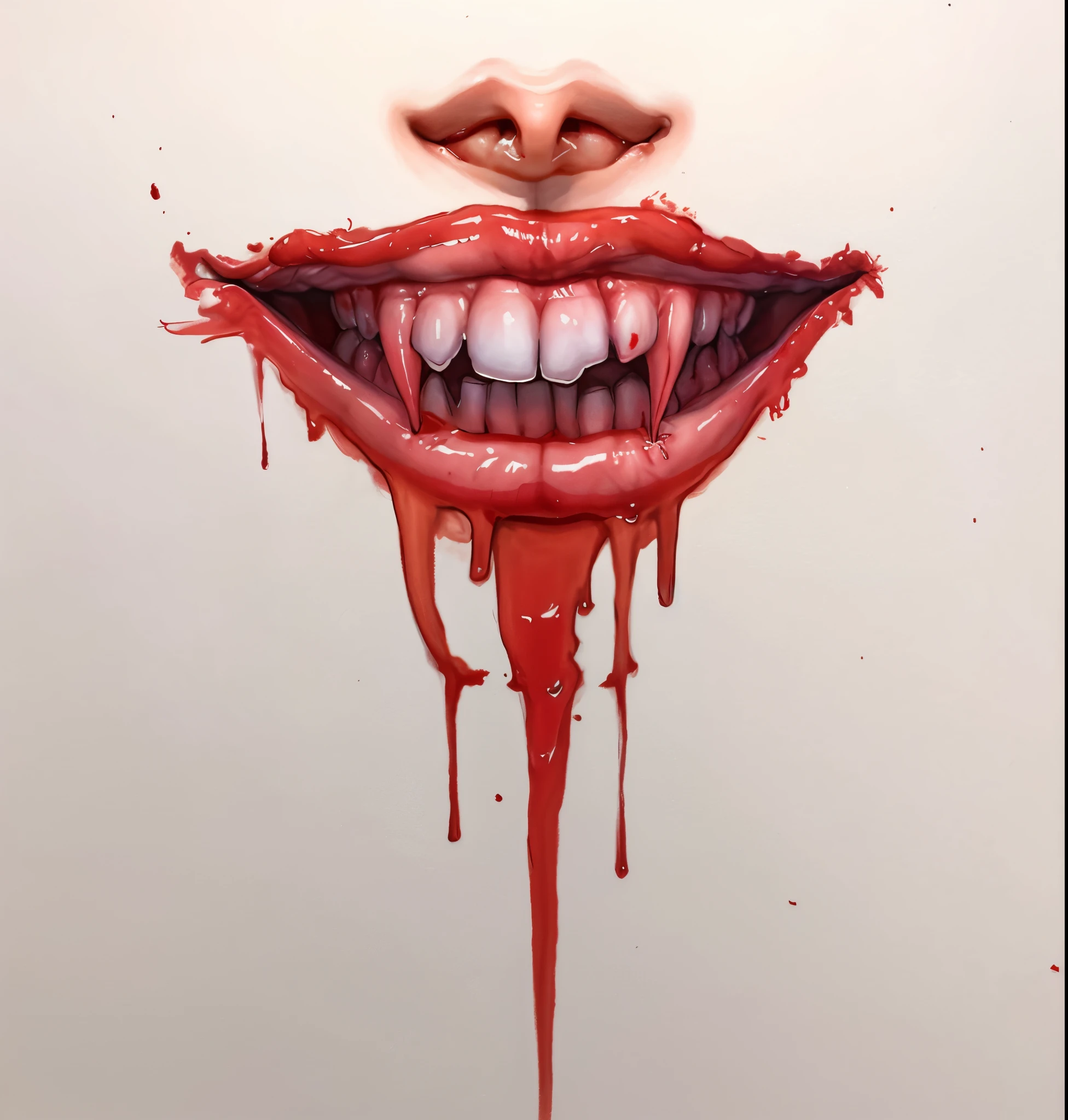 a close up of a drawing of a mouth with goteo de sangre down it, goteo de sangre from mouth, boca roja, sangre alrededor de los labios, Alex Pardee, goteo de saliva, sangre goteando, Michael Hussar, Dientes babeantes descubiertos, goteo de sangre, goteo de sangre down the head, cara ensangrentada, sonrisa de horror, a punto de consumirte, sonrisa malvada, colmillos y babas