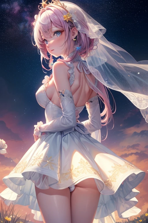 Colorful starrailloating white feathers),Purple,(((((masterpiece))))),(((((high resolution))))),alone,(hair splayed out),((flowing hair)),pink hair,blue_Eye,permanent,Big breasts,((美丽细致的short skirt, flower patterns on clothes,White dress)),bridal gloves,ribbon,hair ribbon,hair flower,veil,beautiful detailed sky,glowing light,Ray tracing,reflected light,depth of field,((((Put your arms behind your back)))),Flowers and meadows,Mountain,(((((role conception))))),(((((Extremely detailed CG unified 8k wallpaper))))),Cross necklace,crown,earrings,bridal veil,sling,starry sky,clusters of stars,starry sky,Twinkling stars,,Poker face,Neat figure,sit on the floor,short skirt