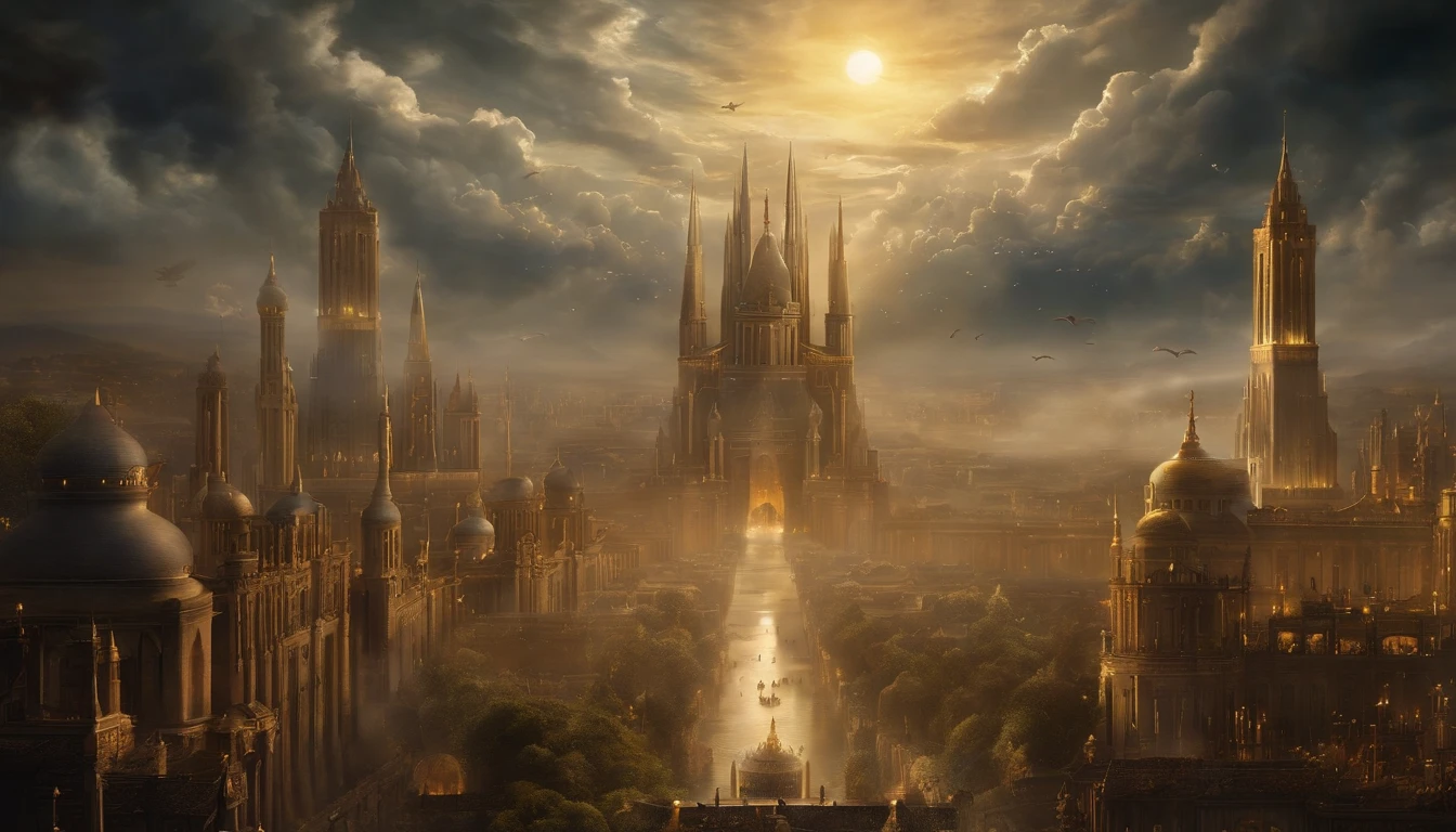 Painting of a city with a castle surrounded by angels flying around, Empyrian City, god々のgodの領域, city of utopia, gold gates of heaven!!!!!!!!, Esoteric equation heaven, Heaven on Earth, breathtaking芸術, breathtaking, City in the sky, futuristic utopian metropolis, City Apocalypse, City in the clouds, elaborate dark painting