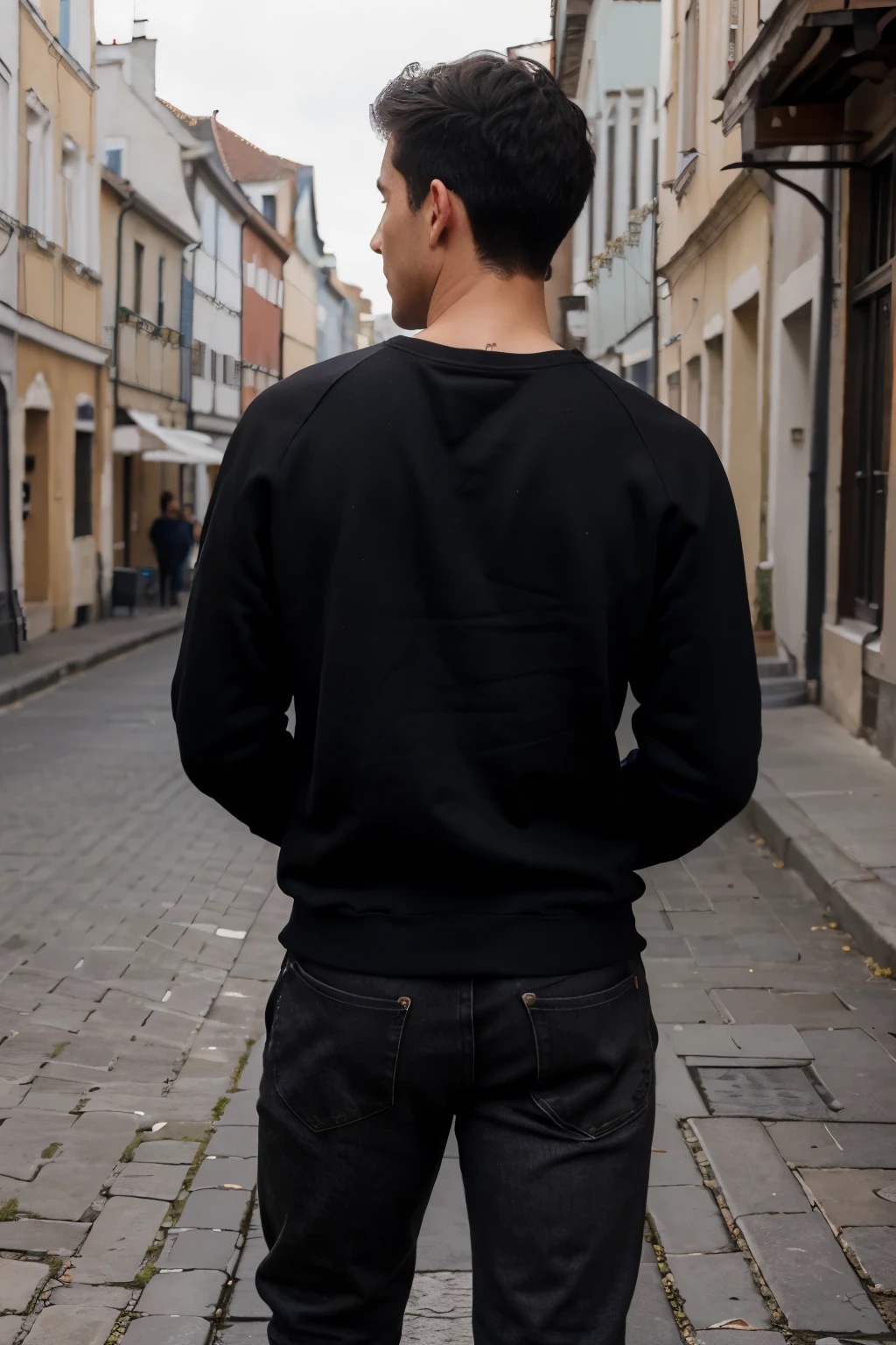 8k, hq, real, hyper realistic, realism, man, black hair, back view, crew neck black sweatshirt, fabric, old town europe style background, full body, real skin tone, real clothes