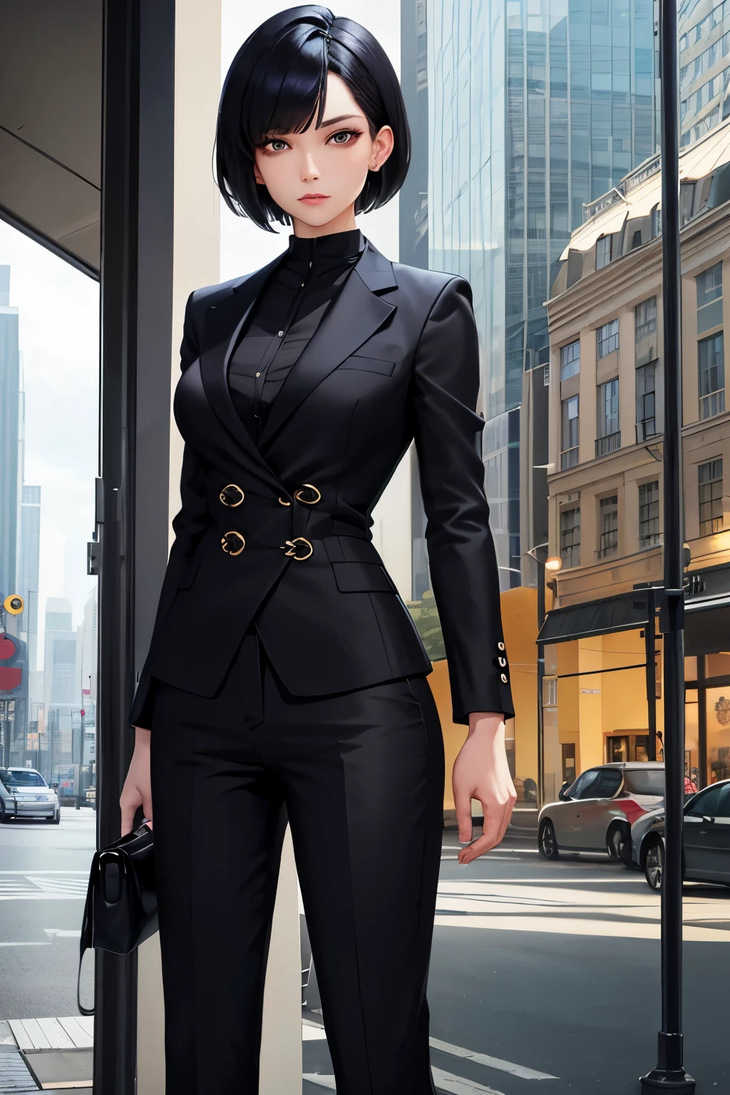 Chinese cool woman with short hair, solo, wearing a tailored blazer and pants, minimalist black shoes, confident expression, insightful gaze, piercing black eyes, sharp jawline, defined cheekbones, narrow waist, toned arms, casual yet chic, natural makeup, subtle blush, short bob hairstyle, sleek and textured, reflected in a glass window, dynamic lighting, high contrast, vibrant colors, urban setting, contemporary cityscape, impressive architecture, evening scene.
The woman exudes an air of sophistication and independence. Her sleek bob haircut, styled in chopped waves, accentuates her angular features and emphasizes her strong, confident demeanor. Her tail