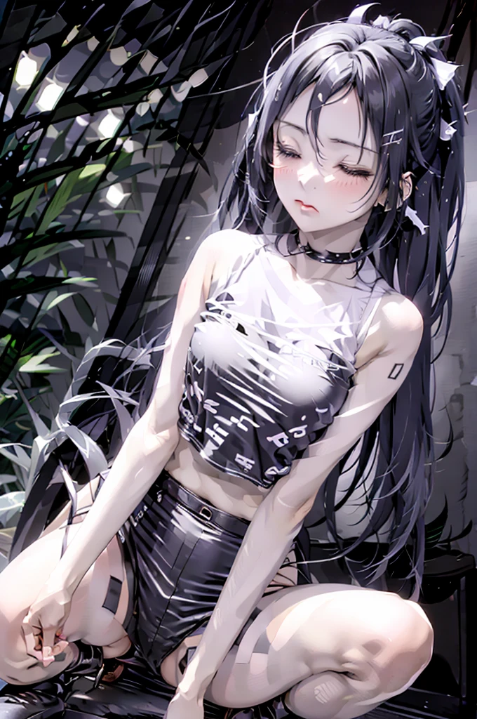 1girl, long hair, breasts, multiple girls, 1boy, 2girls, medium breasts, monochrome, closed eyes, ponytail, greyscale, tan, spiked hair, tanlines