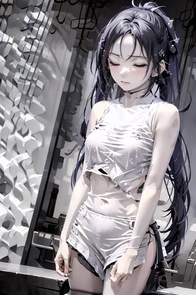 1girl, long hair, breasts, multiple girls, 1boy, 2girls, medium breasts, monochrome, closed eyes, ponytail, greyscale, tan, spiked hair, tanlines
