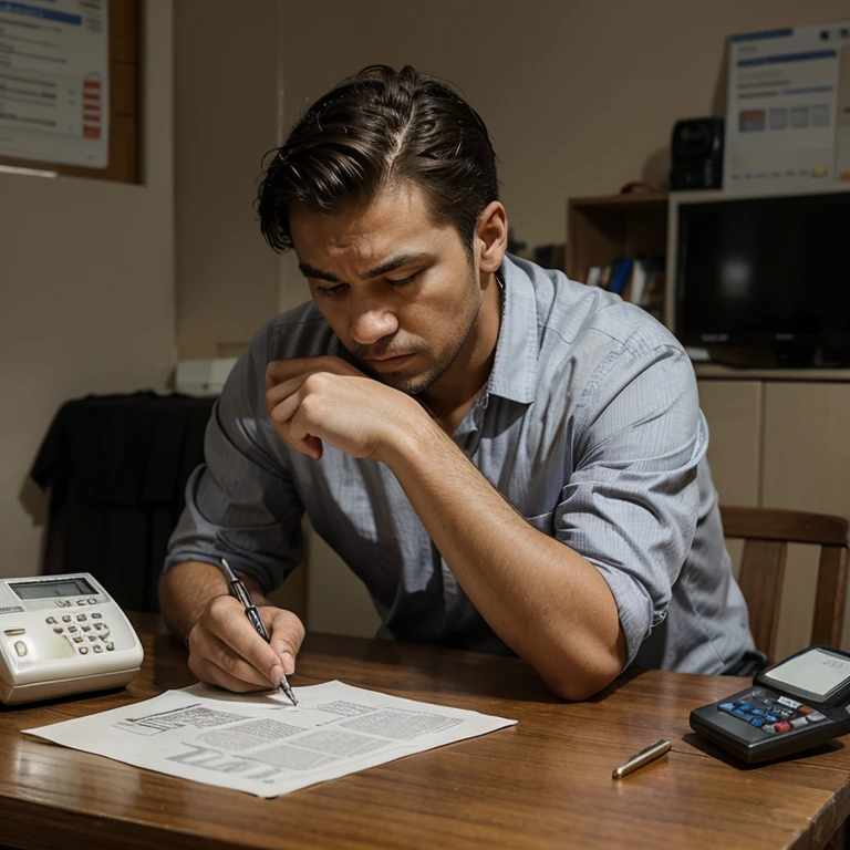 Draw a poor man sitting sad looking at his debts on the table and a calculator