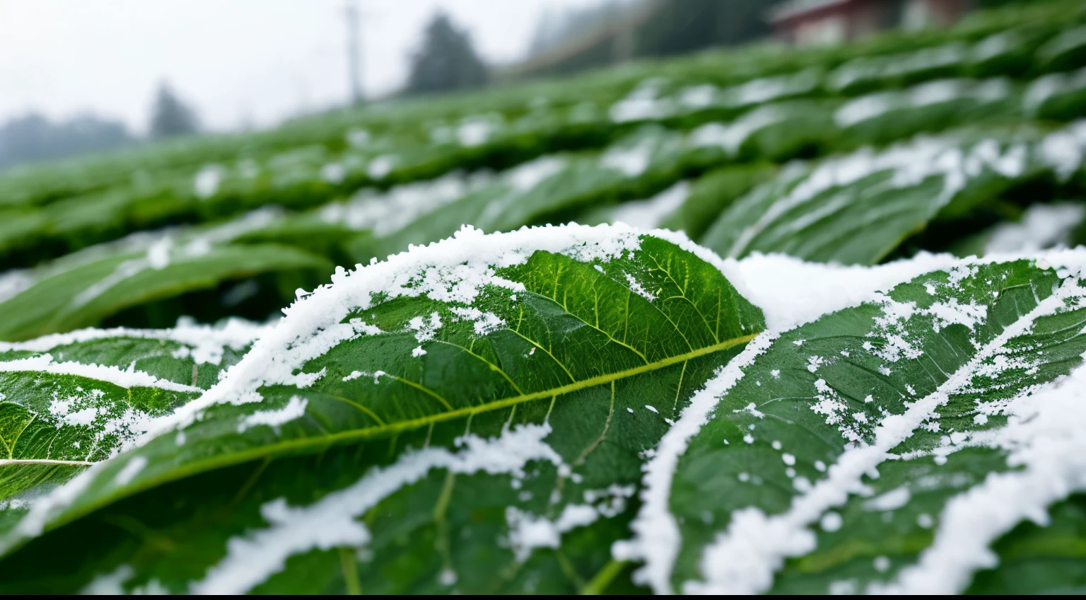 Close-up of snow-covered leaves of a tea plantation