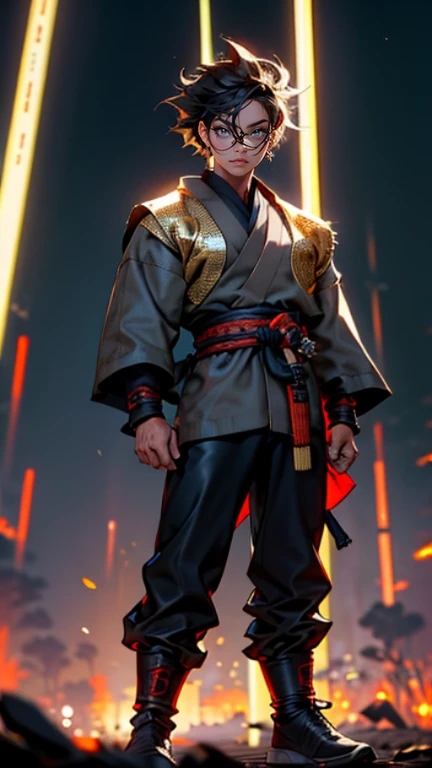 The young Samurai has messy hair, wears a gray sweater that says "HEROES", dark brown leather pants with lots of pockets. Adventurer's shoes, carrying a samurai on his back, hands crossed on his chest, there is a flash of lightning, alert pose, face facing the camera, skyscraper background and shades of black with gold gradations at night. fullbody