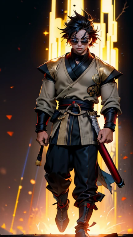 The young Samurai has messy hair, wears a gray sweater that says "HEROES", dark brown leather pants with lots of pockets. Adventurer's shoes, carrying a samurai on his back, hands crossed on his chest, there is a flash of lightning, alert pose, face facing the camera, skyscraper background and shades of black with gold gradations at night. fullbody