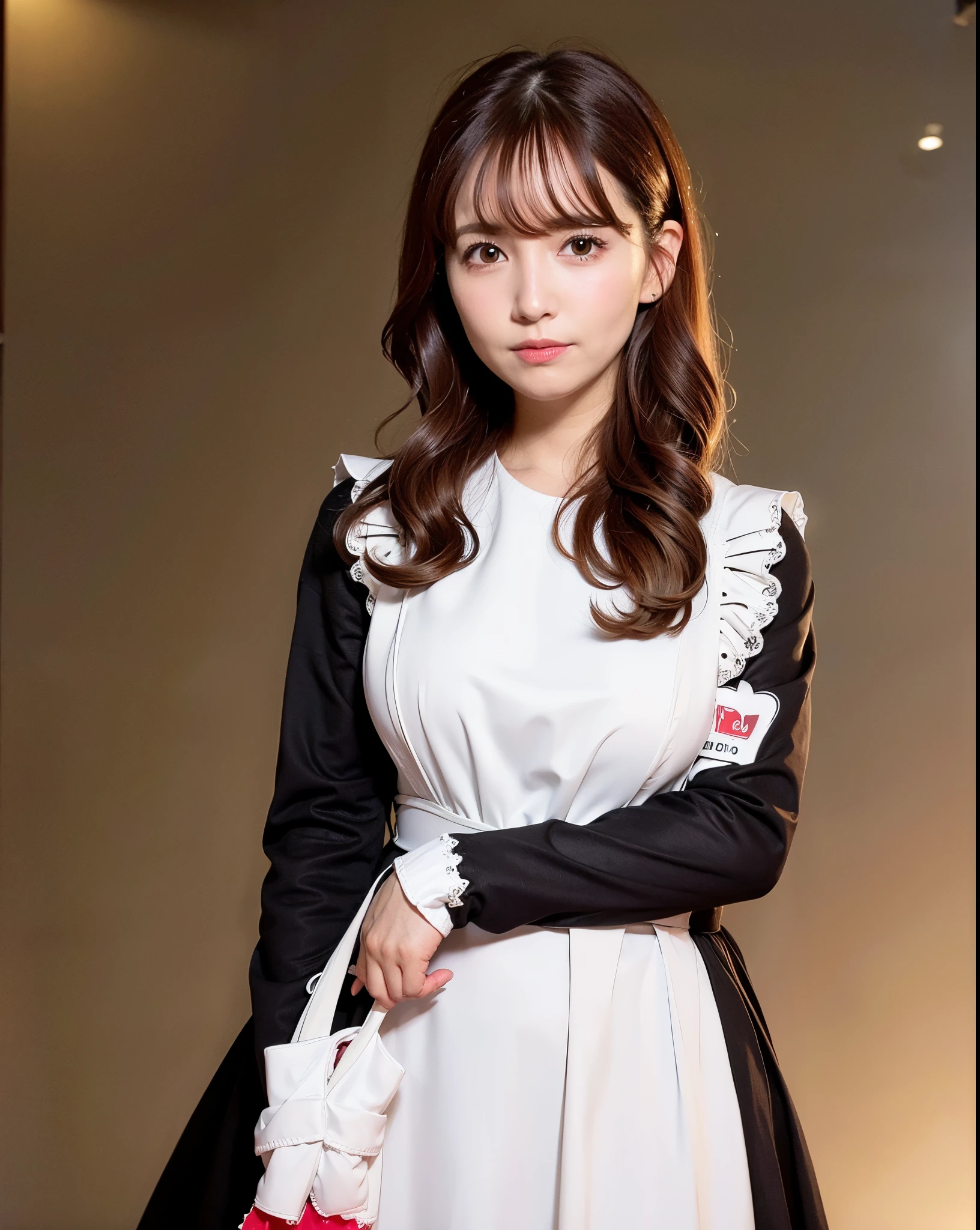 best quality, photoactual, 8k, high resolution, 1 girl, Miss, (Dentate skin), (professional lighting), (portrait:0.6), (maid outfit:1.7), Gorgeous, ((brown hair)), (medium hair:1.6), (flowing hair:1.4), (1 girl eyes looking at the audience:1), ((looking at the audience:1.6)), (1 girl looking at the camera), photoactual, (Bokeh), (wear:0.6), (dynamic poses:1.2), masterpiece, complex, actual, sharp focus, Winning photo, SFW, (Smile:1),