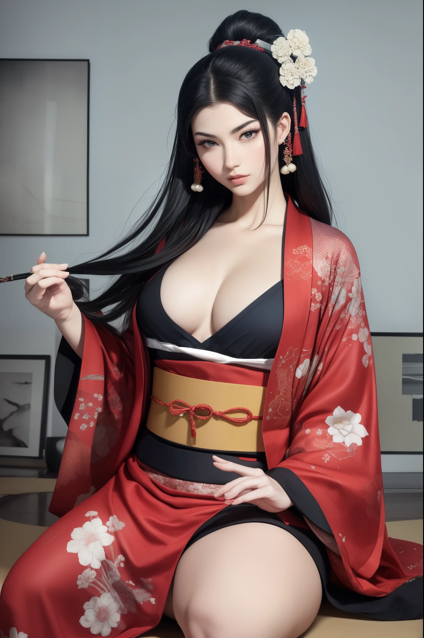 Umalinda warrior sexy, pretty face, Delicious Company, alluring figure, usando um quimono aberto sexy one.
The artwork is created in a medium reminiscent of Japanese ink paintings....., 具有大胆的笔触和Monochromatic color palette. The artist's technical virtuosity reveals the intensity and power of the image's presence,With the highest quality, Perfectly capture every detail with ultra-high resolution. The textures and intricate patterns on the kimono are rendered with extreme precision. The lighting has been carefully designed,Enhance the drama, with deep shadows and subtle highlights.
General, The artwork exudes elegance and power, Combining traditional Japanese aesthetics with a modern feel. Monochromatic color palette, Combine details, Create captivating and immersive experiences for your audience.