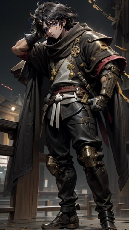 The young Samurai has messy hair, wears a gray sweater that says "HEROES", dark brown leather pants with lots of pockets. Adventurer's shoes, carrying a samurai on his back, hands crossed on his chest, there is a flash of lightning, alert pose, face facing the camera, skyscraper background and shades of black with gold gradations at night. fullbody