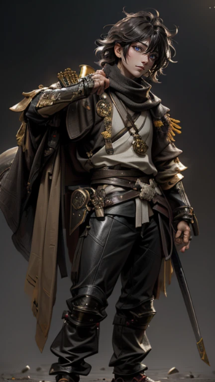 The young Samurai has messy hair, wears a gray sweater that says "HEROES", dark brown leather pants with lots of pockets. Adventurer's shoes, carrying a samurai on his back, hands crossed on his chest, there is a flash of lightning, alert pose, face facing the camera, skyscraper background and shades of black with gold gradations at night. fullbody