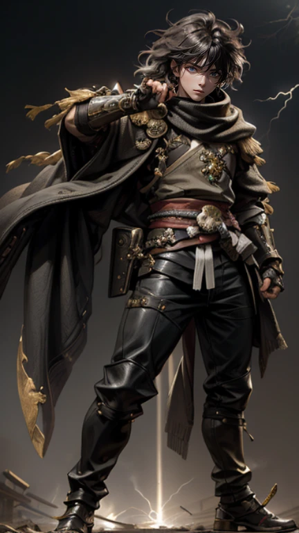 The young Samurai has messy hair, wears a gray sweater that says "HEROES", dark brown leather pants with lots of pockets. Adventurer's shoes, carrying a samurai on his back, hands crossed on his chest, there is a flash of lightning, alert pose, face facing the camera, skyscraper background and shades of black with gold gradations at night. fullbody