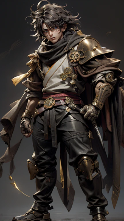 The young Samurai has messy hair, wears a gray sweater that says "HEROES", dark brown leather pants with lots of pockets. Adventurer's shoes, carrying a samurai on his back, hands crossed on his chest, there is a flash of lightning, alert pose, face facing the camera, skyscraper background and shades of black with gold gradations at night. fullbody