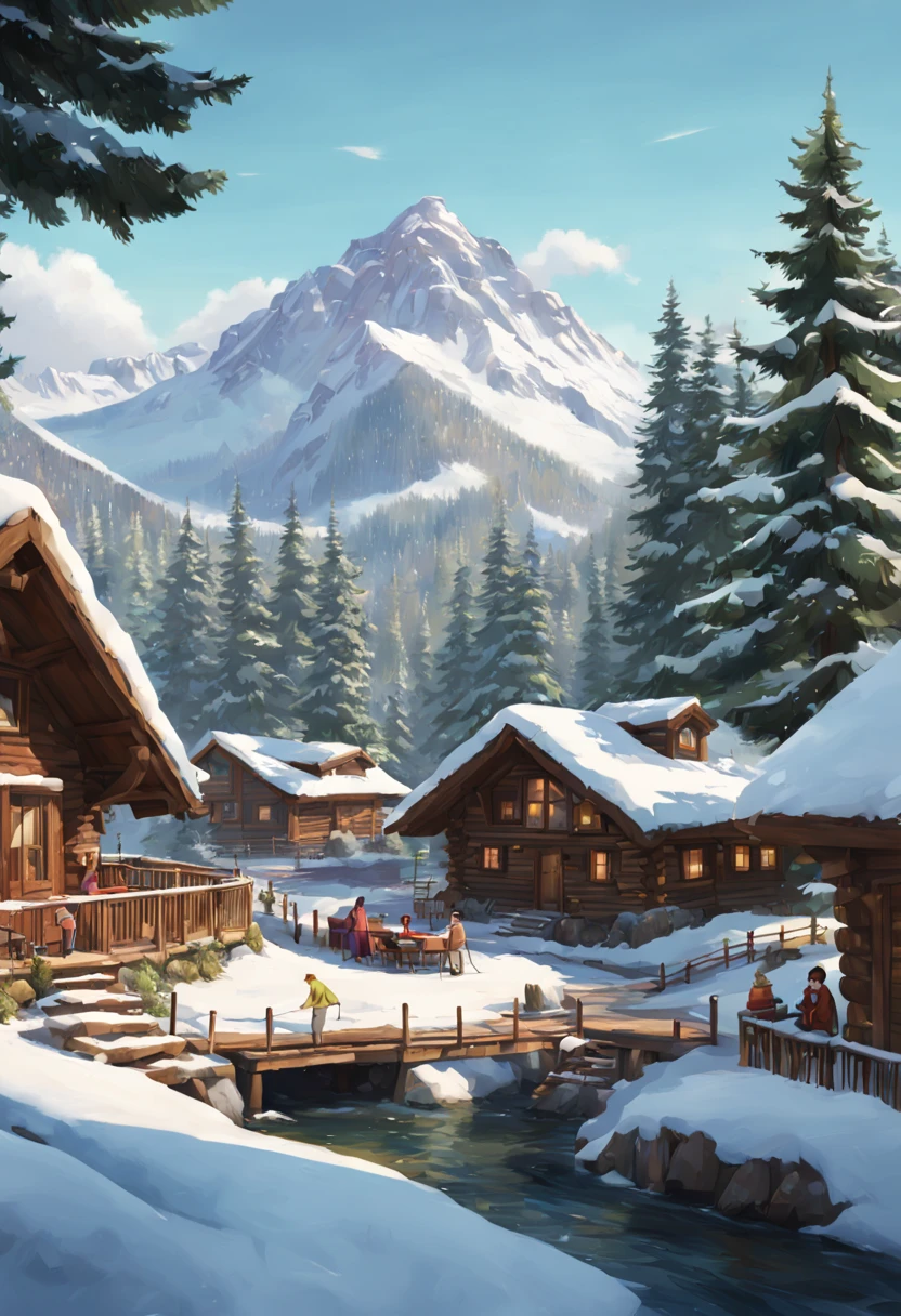 {
  "Type of Image": "Digital Illustration",
  "Subject Description": "A snowy mountain resort during the winter season, with cozy log cabins surrounded by snow-covered pine trees. Guests are seen enjoying the outdoor hot springs with steam rising into the crisp air, and ski slopes are busy with skiers and snowboarders.",
  "Art Styles": "Semi-realistic with a touch of whimsy",
  "Art Inspirations": "Behance, Studio Ghibli",
  "Camera": "medium telephoto lens",
  "Shot": "medium shot",
  "Render Related Information": "8K resolution, detailed textures of snow and wood, ambient light with a focus on warm interiors"
}