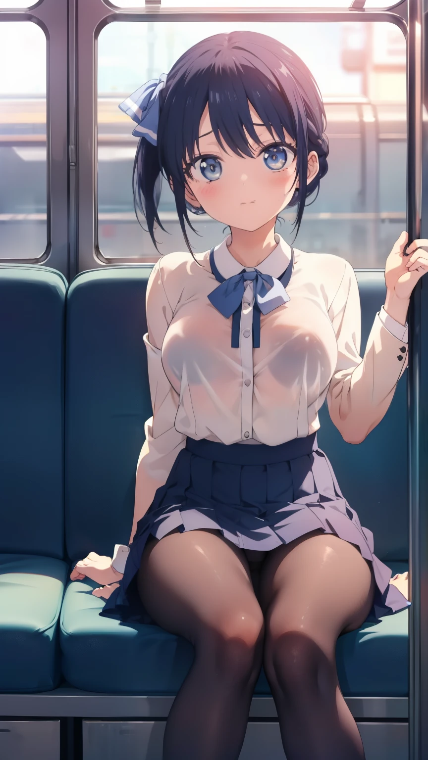 table top、High resolution、2 people、2 peopleの女の子、twins、2 peopleの可愛い女の子、big and full breasts、naughty body、underwear only、see-through、pink lingerie、throw、sit on the seat、Looking up at me、confused face、blush、black pantyhose、The shape of a woman's private parts is clearly visible、nipples are visible、navy checkered skirt、micro mini skirt、very short skirt、trainの中、train、molestation、A man touches my body、a lot of people、in the crowd、man sitting next to、A man also touches my thighs、open your legs、no panties、Pick up your clothes、Naked breasts、