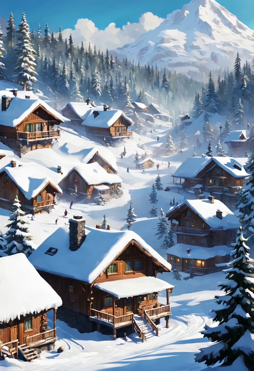 {
  "Type of Image": "Digital Illustration",
  "Subject Description": "A snowy mountain resort during the winter season, with cozy log cabins surrounded by snow-covered pine trees. Guests are seen enjoying the outdoor hot springs with steam rising into the crisp air, and ski slopes are busy with skiers and snowboarders.",
  "Art Styles": "Semi-realistic with a touch of whimsy",
  "Art Inspirations": "Behance, Studio Ghibli",
  "Camera": "medium telephoto lens",
  "Shot": "medium shot",
  "Render Related Information": "8K resolution, detailed textures of snow and wood, ambient light with a focus on warm interiors"
}
