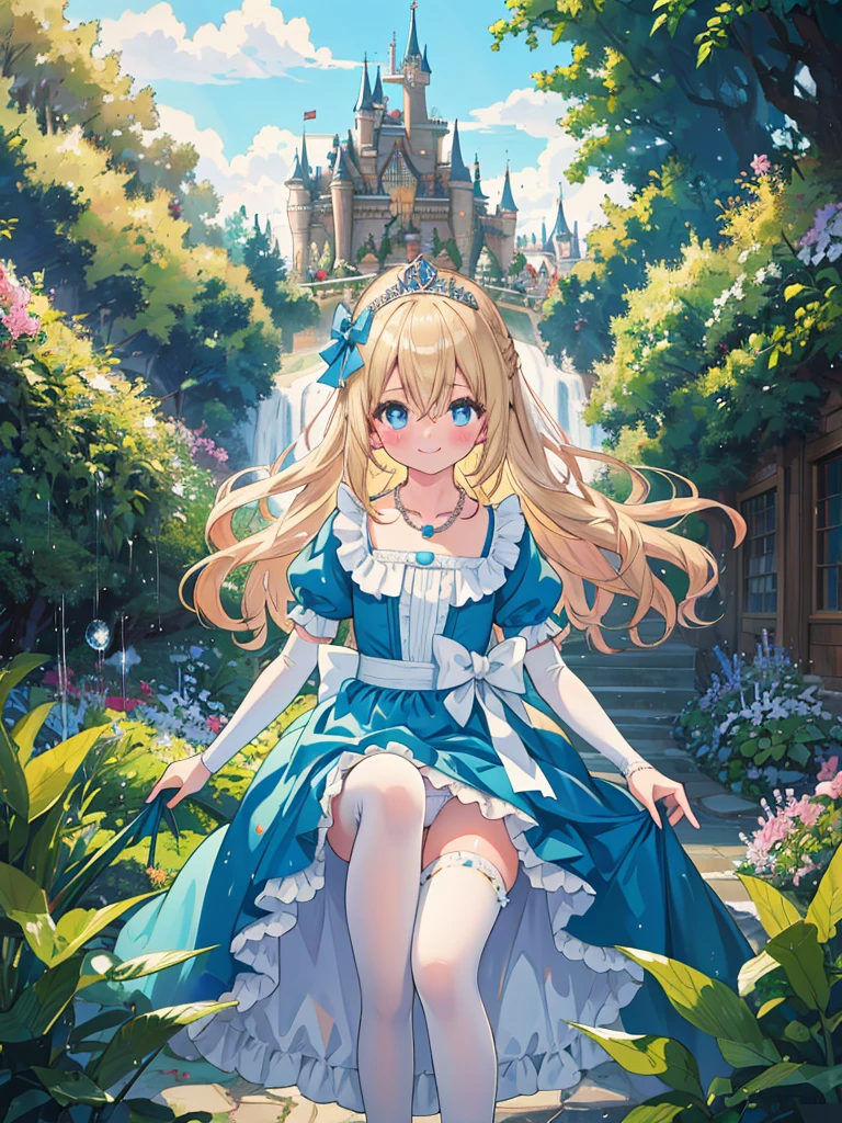 photo realistic, (masterpiece,best quality:1.4),(8k,raw photo,photo realistic:1.2), detailed skin, detailed face,1girl, Princess, cute face, , Not Safe for Work, (raw photo, photo realistic: 1.2), (((updo, upsweep))), blue eyes, (blonde hair), light smile, shiny wavy hair, sidelock, curtsey, (ballgown), Princess doress, shortsleeves, a smile, red blush, Doress, Hair Between Eyes, White Panties Hose, ((Blue the Bow)), Puffy Sleeves, Bangss, (tiara), (necklace), (bridal gauntlets), foot out of frame, frilld, : q, masterpiece, top-quality, not safe for work, 14-yo, braided bangs, yumekawa,yumekawaii,pastel color,(wonderland garden:1.3),rainbow waterfall,dripping ink,imagination,(Castle:1.4),