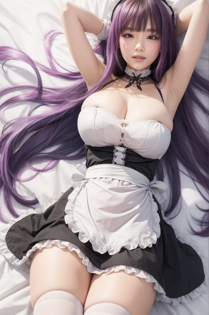 a close up of a woman in a maid outfit laying on a bed, gorgeous maid, realistic 8k