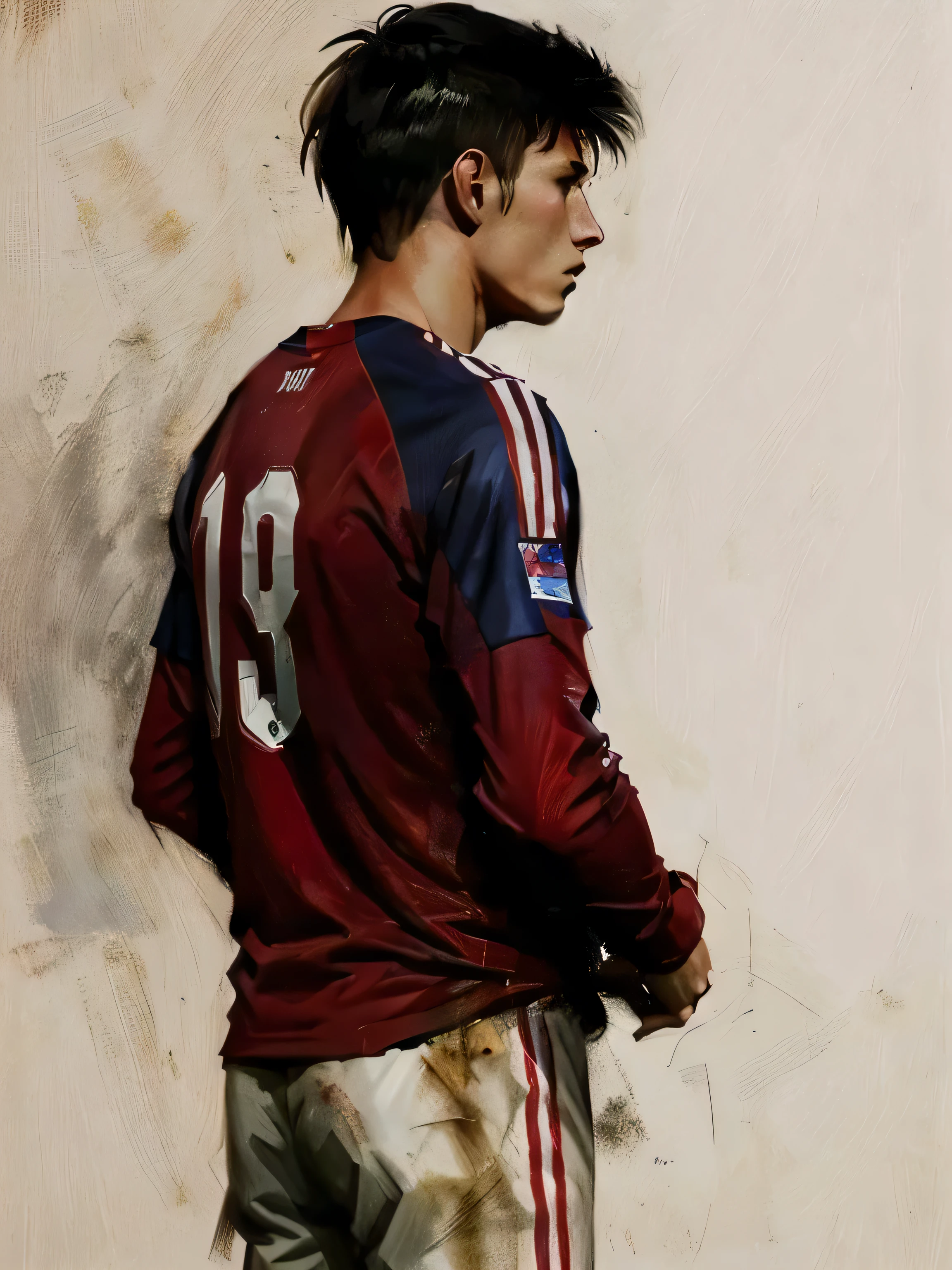 Homem Soccer Player face, style greg rutkowski realist, style anime, 18 years old, tatuagens no corpo