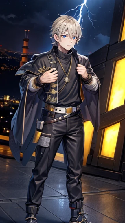 The young Samurai has messy hair, wears a gray sweater that says "HEROES", dark brown leather pants with lots of pockets. Adventurer's shoes, carrying a samurai on his back, hands crossed on his chest, there is a flash of lightning, alert pose, face facing the camera, skyscraper background and shades of black with gold gradations at night. fullbody