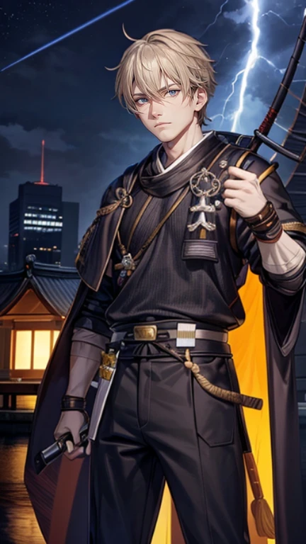 The young Samurai has messy hair, wears a gray sweater that says "HEROES", dark brown leather pants with lots of pockets. Adventurer's shoes, carrying a samurai on his back, hands crossed on his chest, there is a flash of lightning, alert pose, face facing the camera, skyscraper background and shades of black with gold gradations at night. fullbody