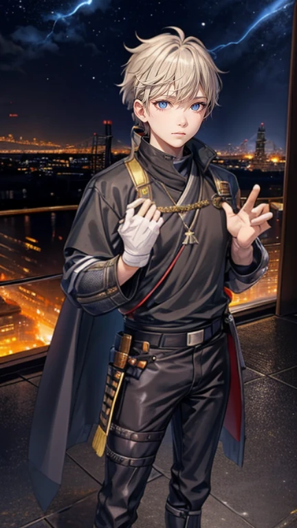 The young Samurai has messy hair, wears a gray sweater that says "HEROES", dark brown leather pants with lots of pockets. Adventurer's shoes, carrying a samurai on his back, hands crossed on his chest, there is a flash of lightning, alert pose, face facing the camera, skyscraper background and shades of black with gold gradations at night. fullbody