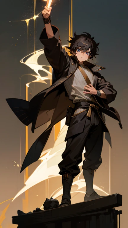 The young Samurai has messy hair, wears a gray sweater that says "HEROES", dark brown leather pants with lots of pockets. Adventurer's shoes, carrying a samurai on his back, hands crossed on his chest, there is a flash of lightning, alert pose, face facing the camera, skyscraper background and shades of black with gold gradations at night. fullbody