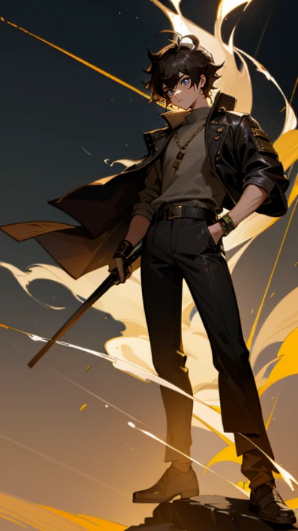 The young Samurai has messy hair, wears a gray sweater that says "HEROES", dark brown leather pants with lots of pockets. Adventurer's shoes, carrying a samurai on his back, hands crossed on his chest, there is a flash of lightning, alert pose, face facing the camera, skyscraper background and shades of black with gold gradations at night. fullbody