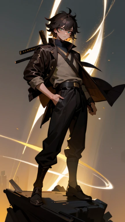 The young Samurai has messy hair, wears a gray sweater that says "HEROES", dark brown leather pants with lots of pockets. Adventurer's shoes, carrying a samurai on his back, hands crossed on his chest, there is a flash of lightning, alert pose, face facing the camera, skyscraper background and shades of black with gold gradations at night. fullbody