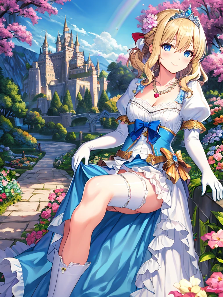 photo realistic, (masterpiece,best quality:1.4),(8k,raw photo,photo realistic:1.2), detailed skin, detailed face,1girl, Princess, cute face, , Not Safe for Work, (raw photo, photo realistic: 1.2), (((updo, upsweep))), blue eyes, (blonde hair), light smile, shiny wavy hair, sidelock, curtsey, (ballgown), Princess doress, shortsleeves, a smile, red blush, Doress, Hair Between Eyes, White Panties Hose, ((Blue the Bow)), Puffy Sleeves, Bangss, (tiara), (necklace), (bridal gauntlets), foot out of frame, frilld, : q, masterpiece, top-quality, not safe for work, 14-yo, braided bangs, yumekawa,yumekawaii,pastel color,(wonderland garden:1.3),rainbow waterfall,dripping ink,imagination,(Castle:1.4),