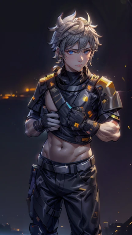 The young Samurai has messy hair, wears a gray sweater that says "HEROES", dark brown leather pants with lots of pockets. Adventurer's shoes, carrying a samurai on his back, hands crossed on his chest, there is a flash of lightning, alert pose, face facing the camera, skyscraper background and shades of black with gold gradations at night. fullbody