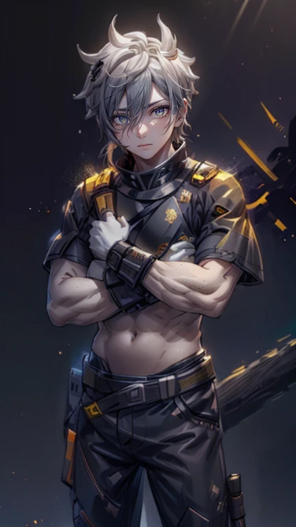 The young Samurai has messy hair, wears a gray sweater that says "HEROES", dark brown leather pants with lots of pockets. Adventurer's shoes, carrying a samurai on his back, hands crossed on his chest, there is a flash of lightning, alert pose, face facing the camera, skyscraper background and shades of black with gold gradations at night. fullbody