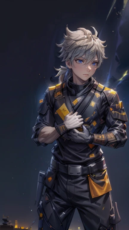 The young Samurai has messy hair, wears a gray sweater that says "HEROES", dark brown leather pants with lots of pockets. Adventurer's shoes, carrying a samurai on his back, hands crossed on his chest, there is a flash of lightning, alert pose, face facing the camera, skyscraper background and shades of black with gold gradations at night. fullbody