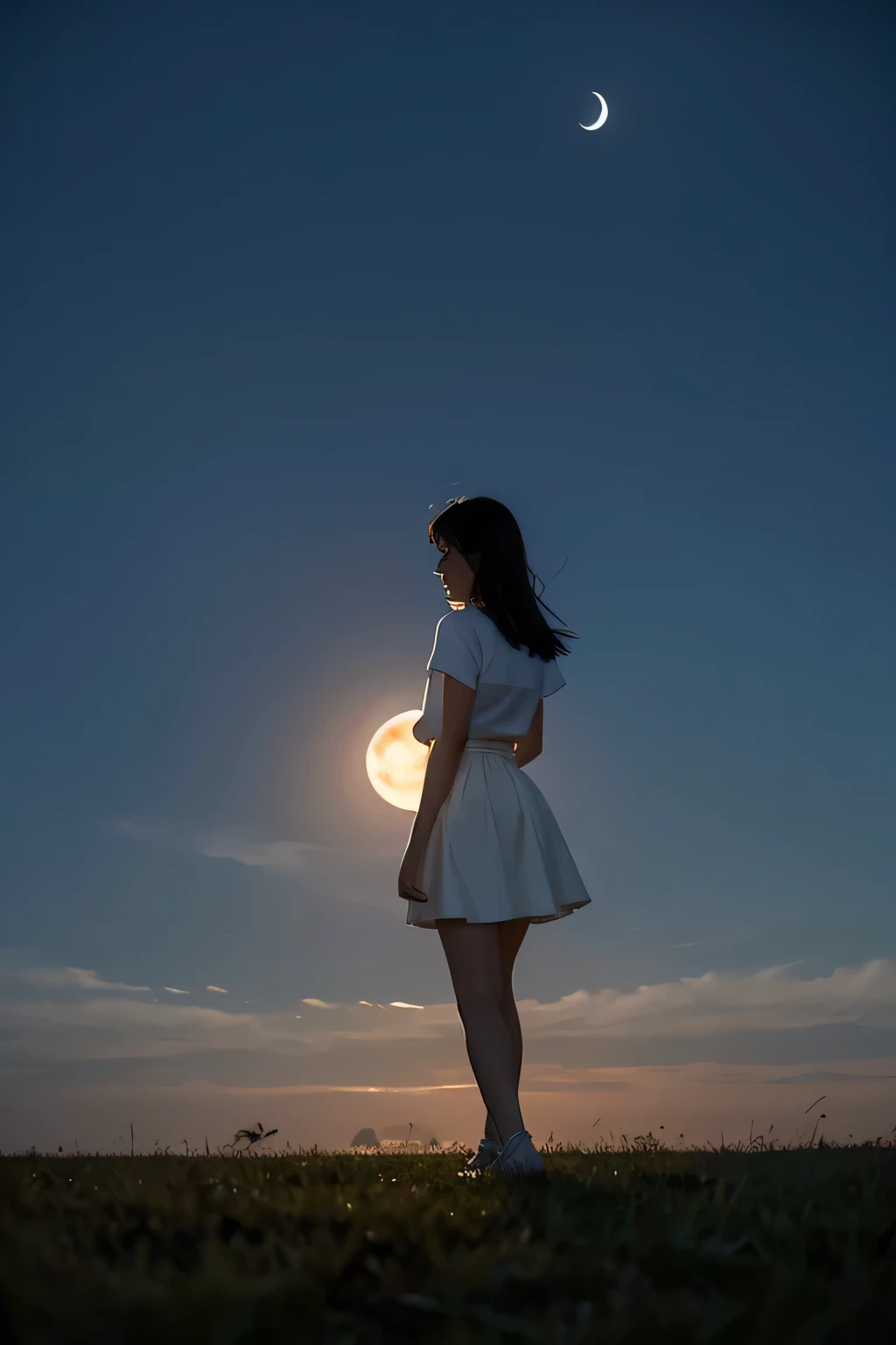 first quarter moon，Under the moonlight，A girl in a white dress walks on a rural field