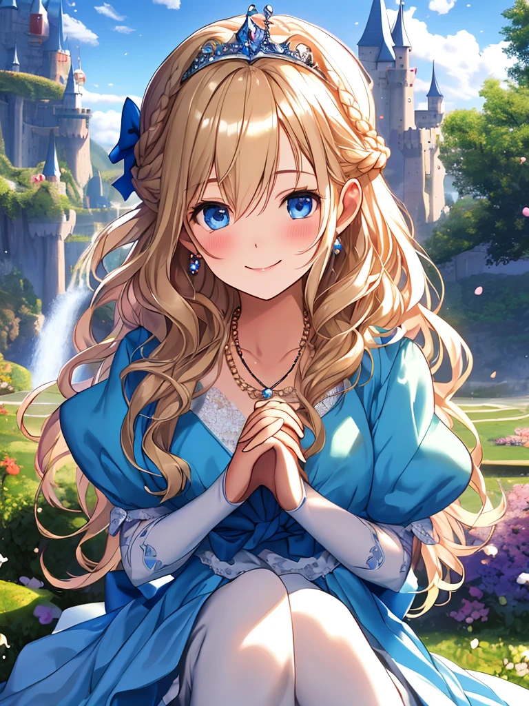 photo realistic, (masterpiece,best quality:1.4),(8k,raw photo,photo realistic:1.2), detailed skin, detailed face,1girl, Princess, cute face, , Not Safe for Work, (raw photo, photo realistic: 1.2), (((updo, upsweep))), blue eyes, (blonde hair), light smile, shiny wavy hair, sidelock, curtsey, (ballgown), Princess doress, shortsleeves, a smile, red blush, Doress, Hair Between Eyes, White Panties Hose, ((Blue the Bow)), Puffy Sleeves, Bangss, (tiara), (necklace), (bridal gauntlets), foot out of frame, frilld, : q, masterpiece, top-quality, not safe for work, -yo, braided bangs, yumekawa,yumekawaii,pastel color,(wonderland garden:1.3),rainbow waterfall,dripping ink,imagination,(Castle:1.4),