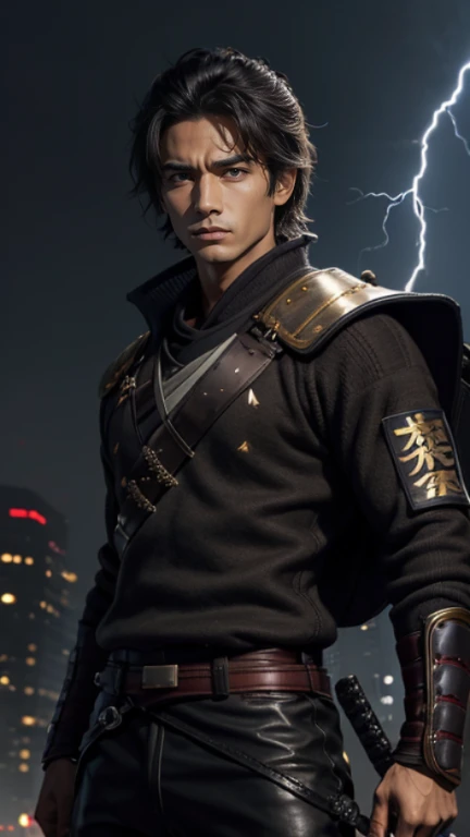 The young Samurai has messy hair, wears a gray sweater that says "HEROES", dark brown leather pants with lots of pockets. Adventurer's shoes, carrying a samurai on his back, hands crossed on his chest, there is a flash of lightning, alert pose, face facing the camera, skyscraper background and shades of black with gold gradations at night. fullbody