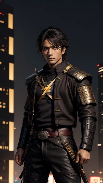 The young Samurai has messy hair, wears a gray sweater that says "HEROES", dark brown leather pants with lots of pockets. Adventurer's shoes, carrying a samurai on his back, hands crossed on his chest, there is a flash of lightning, alert pose, face facing the camera, skyscraper background and shades of black with gold gradations at night. fullbody