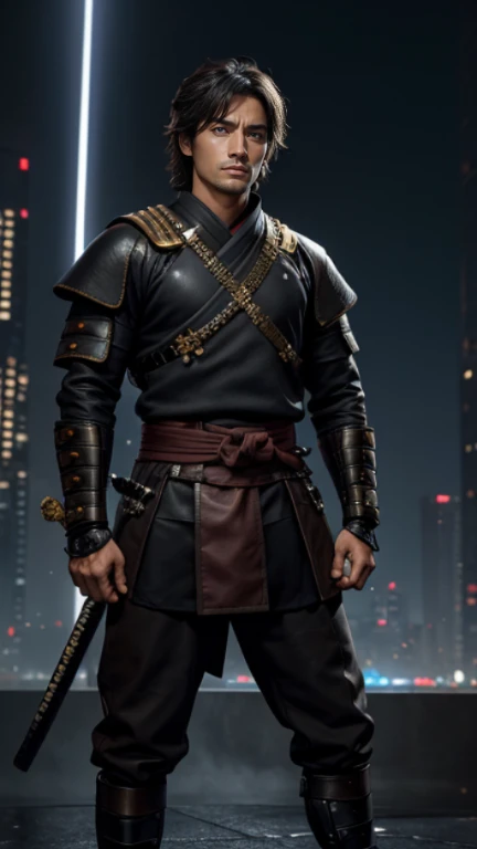The young Samurai has messy hair, wears a gray sweater that says "HEROES", dark brown leather pants with lots of pockets. Adventurer's shoes, carrying a samurai on his back, hands crossed on his chest, there is a flash of lightning, alert pose, face facing the camera, skyscraper background and shades of black with gold gradations at night. fullbody