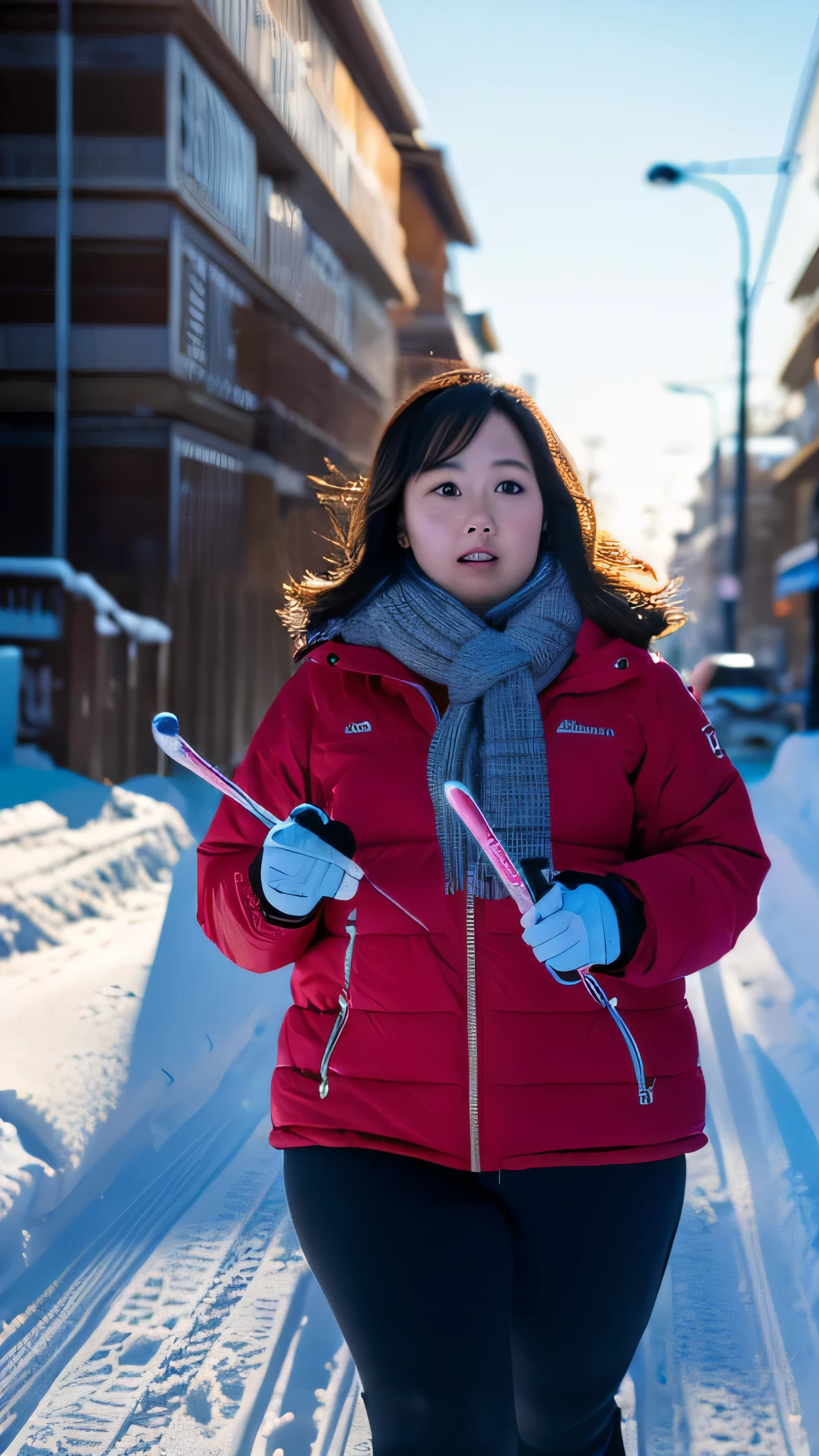 1 female, Overweight, skiing, extremely fat, Chubby, Japanese, 4K, High resolution, masterpiece, highest quality, fine skin, sharp focus, (cinematic lighting)