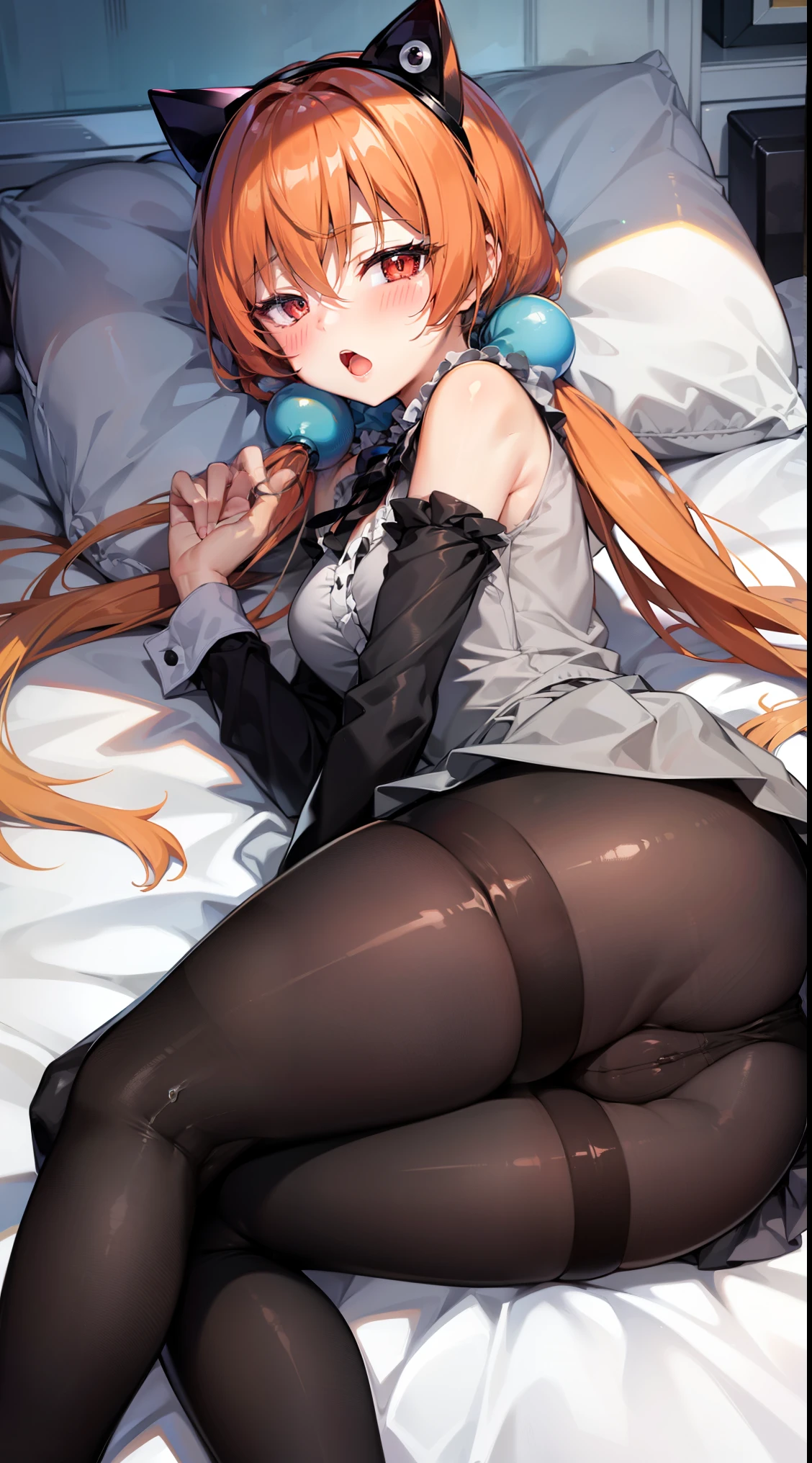 Alisa Southerncross,solo,1girl,fake animal ears,((tsurime eyes)),half-closed eyes,blush,open mouth,distain,orange hair,best quality ,masterpiece,solo,ass,thigh,legs,black pantyhose,hand on ass,black panties under the pantyhose,heavy breathing,Puff Sleeve